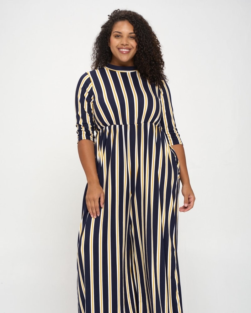 Front of a model wearing a plus size Ada Striped Jumpsuit in Navy/Mustard by L I V D. | dia_product_style_image_id:241680